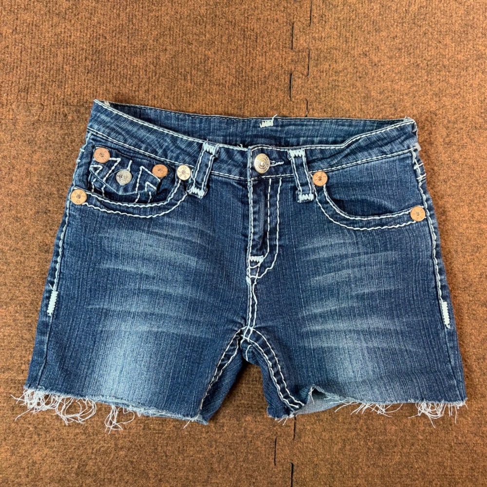 True Religion Joey Cut Off Denim Shorts Womens 28 Blue Thick Stitch Y2K Low Rise